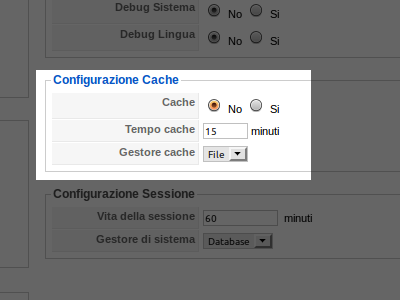 Una immagine che mostra l'opzione di configurazione della cache